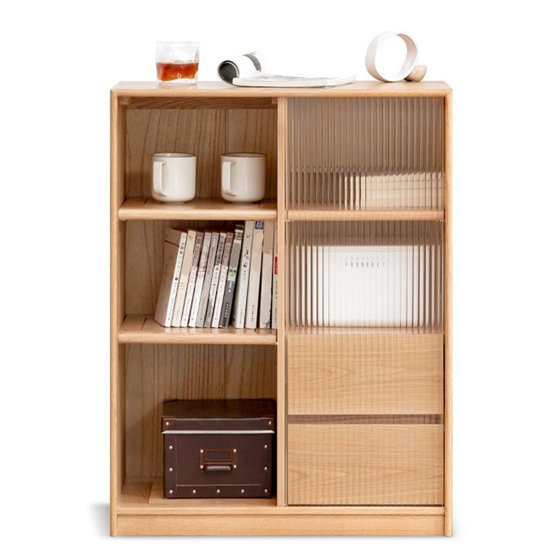 Natural Solid Wood Grooves Glass Paned Living Room Accent Cabinet with Shelves Natural Clearhalo 'Cabinets & Chests' 'cabinets_chests' 'furn' 'furn_cabinets_chests' 'Furniture' 'Living Room Furniture' 7823345