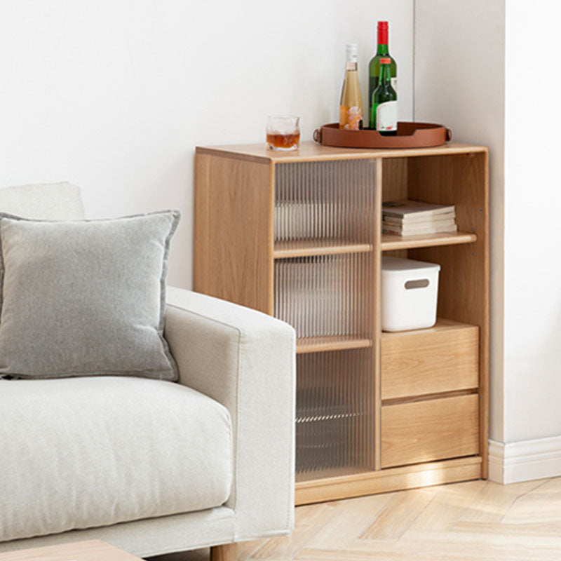 Natural Solid Wood Grooves Glass Paned Living Room Accent Cabinet with Shelves Clearhalo 'Cabinets & Chests' 'cabinets_chests' 'furn' 'furn_cabinets_chests' 'Furniture' 'Living Room Furniture' 7823348