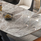 Mesa de comedor de piedra gris rectangular moderna con base de pedestal negro