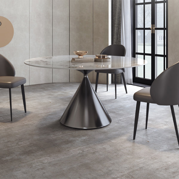 Tavolo da pranzo moderno di pietra bianca rotonda con piedistallo grigio