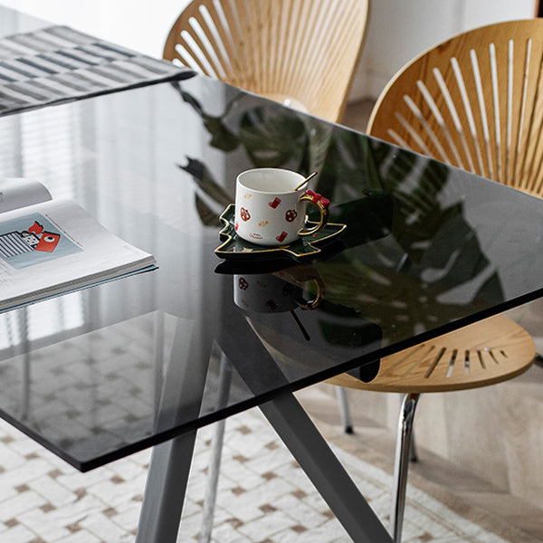 Tavolo da pranzo rettangolare in vetro rettangolare contemporaneo con gambe in acciaio