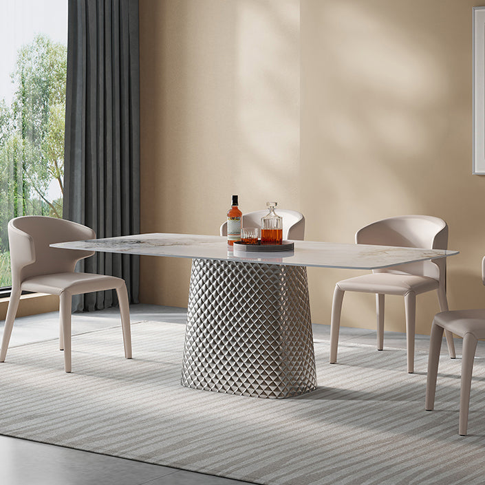 Modern White Rectangular Stone Top Dining Table with Silver Pedestal 51.2"L x 31.5"W x 29.5"H Without Chairs Clearhalo 'Dining Tables & Seating' 'Dining Tables' 'dining_table' 'furn' 'furn_dining_table' 'Furniture' 'Kitchen & Dining Furniture' 7825140