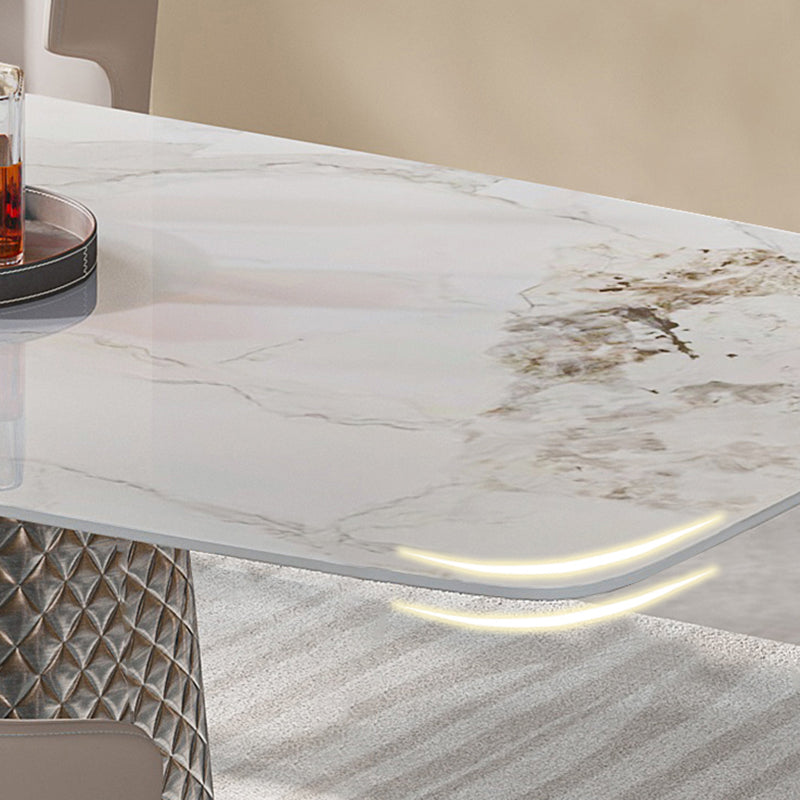 Modern White Rectangular Stone Top Dining Table with Silver Pedestal Clearhalo 'Dining Tables & Seating' 'Dining Tables' 'dining_table' 'furn' 'furn_dining_table' 'Furniture' 'Kitchen & Dining Furniture' 7825144