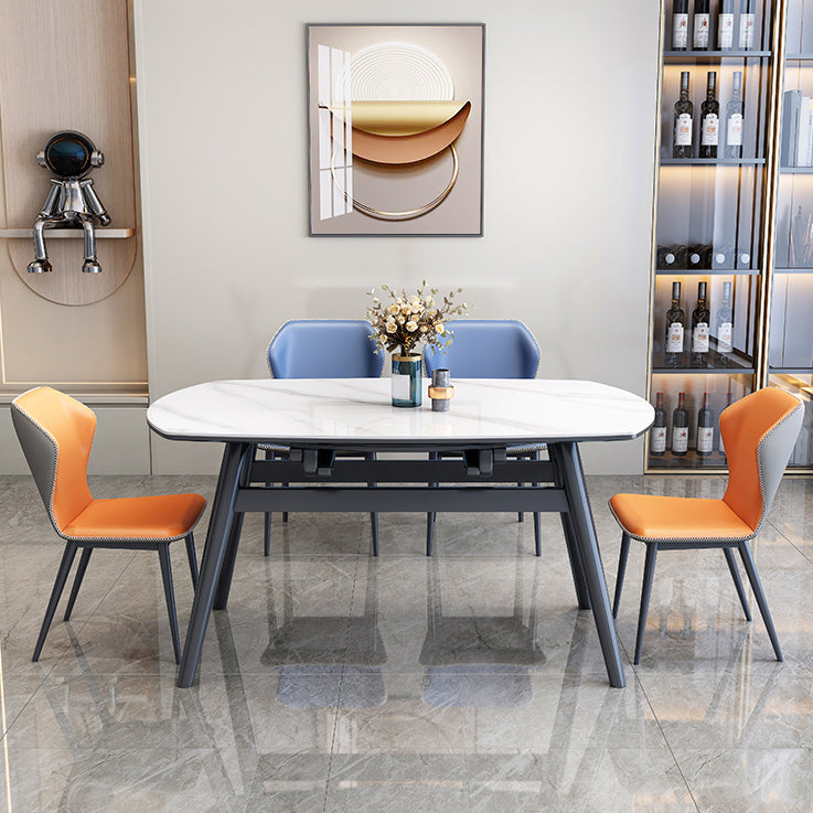 Mesa de comedor moderna de piedra blanca extensible con 4 patas de madera de goma negra