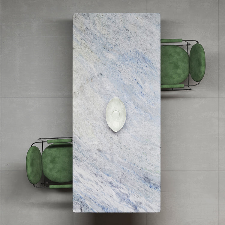 Hedendaagse rechthoek blauw marmer eettafel met dubbele voetstuk
