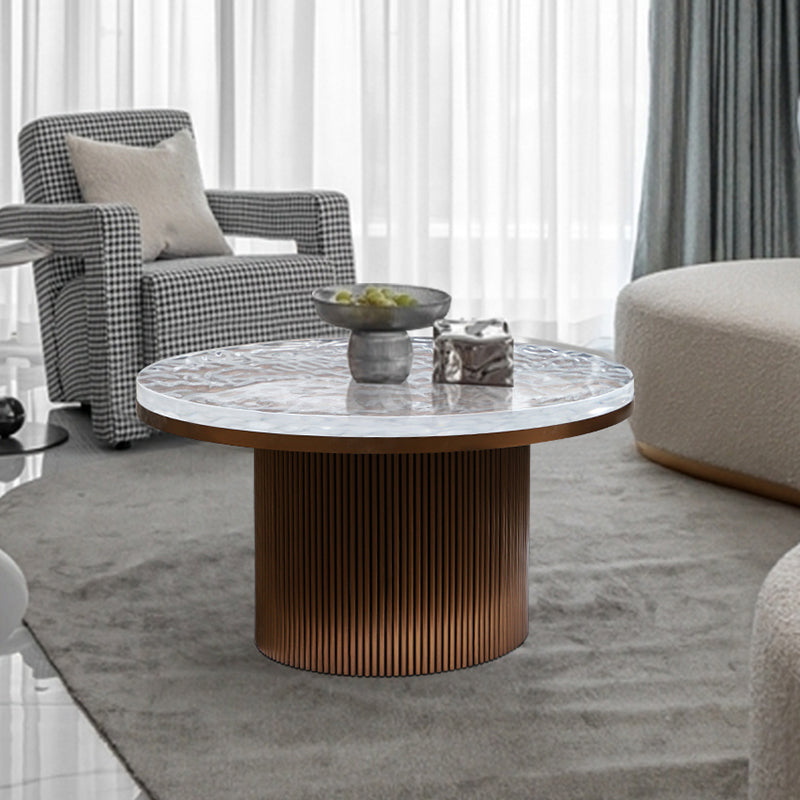 Heldere glam metalen enkele ronde voetstuk koffiecocktailtafel