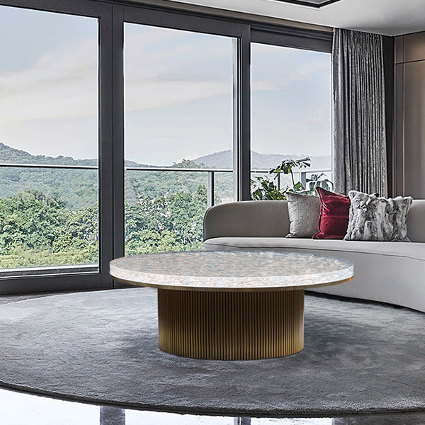 Heldere glam metalen enkele ronde voetstuk koffiecocktailtafel