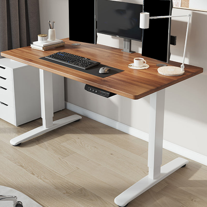 Contemporary Adjustable Height Computer Desk T-Shape Base Standing Desk White Walnut Clearhalo 'furn' 'furn_office_desk' 'Furniture' 'Office Desks' 'Office Furniture' 'office_desk' 7830034