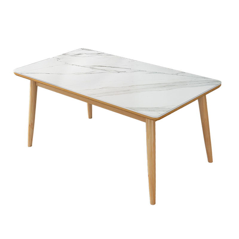 Modern White Rectangle Stone Dining Table with Solid Wood Legs
