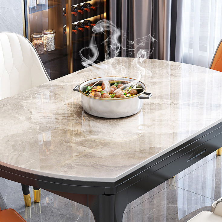 Modern Extendable Grey Stone Top Dining Table with 4 Black Steel Legs Clearhalo 'Dining Tables & Seating' 'Dining Tables' 'dining_table' 'furn' 'furn_dining_table' 'Furniture' 'Kitchen & Dining Furniture' 7836874