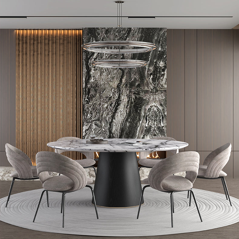 Contemporary Gray Marble Round Dining Table with Wooden Pedestal
