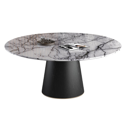 Contemporary Gray Marble Round Dining Table with Wooden Pedestal