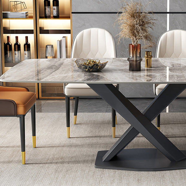 Moderne rechthoekige grijze stenen top eettafel met zwart voetstuk