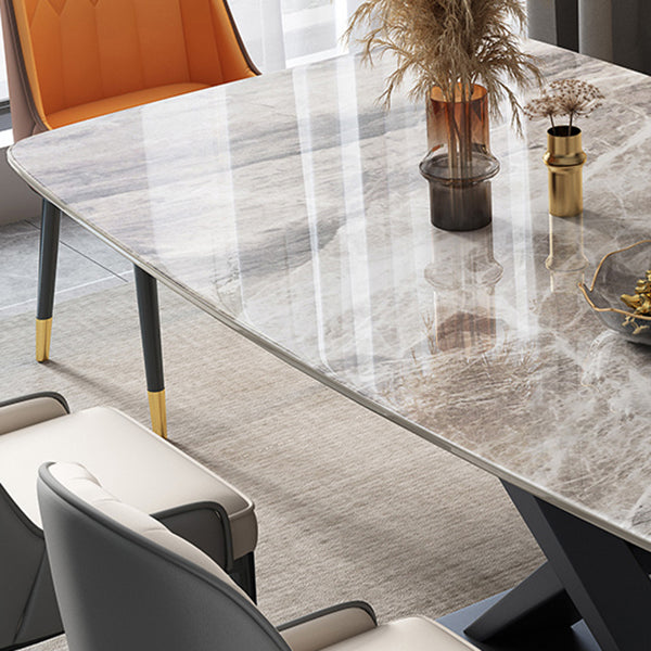 Moderne rechthoekige grijze stenen top eettafel met zwart voetstuk