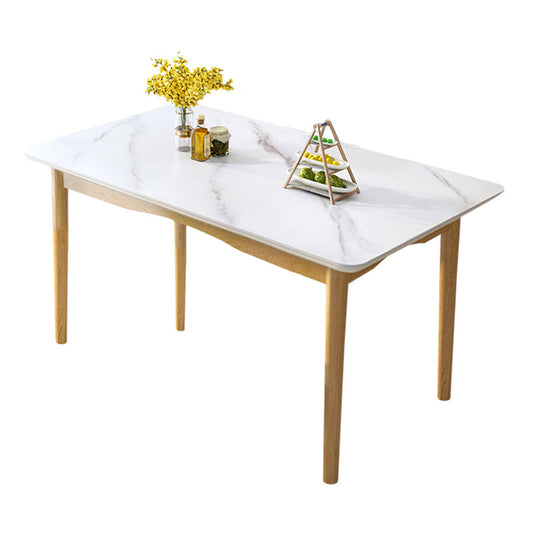 Modern White Rectangular Stone Dining Table with 4 Wooden Foot Without Chairs