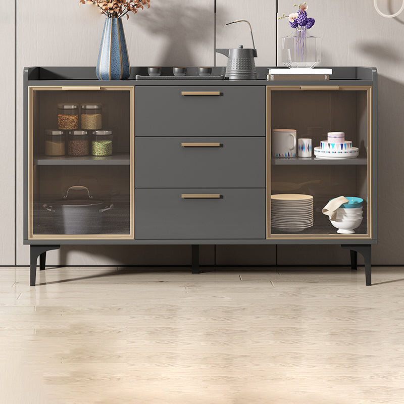 Modern Style Glass Doors Buffet Sideboard Engineered Wood Credenza 47"L x 16"W x 33"H Grey Brown Glass Clearhalo 'buffet_sideboard' 'Buffets & Sideboards' 'furn' 'furn_buffet_sideboard' 'Furniture' 'Kitchen & Dining Furniture' 7838994