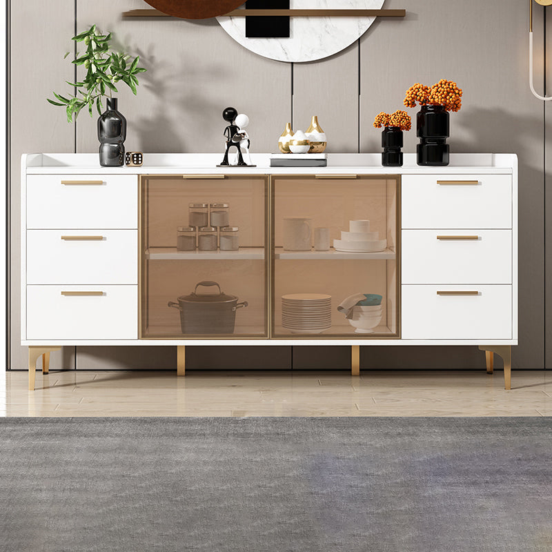 Modern Style Glass Doors Buffet Sideboard Engineered Wood Credenza 63"L x 16"W x 33"H White Brown Glass Clearhalo 'buffet_sideboard' 'Buffets & Sideboards' 'furn' 'furn_buffet_sideboard' 'Furniture' 'Kitchen & Dining Furniture' 7839007