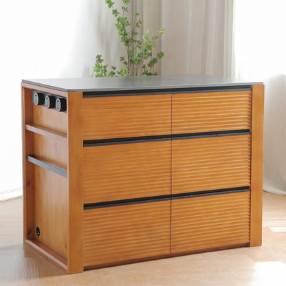 Mesa de cocina moderna de piedra negra con base de madera sólida y cajones