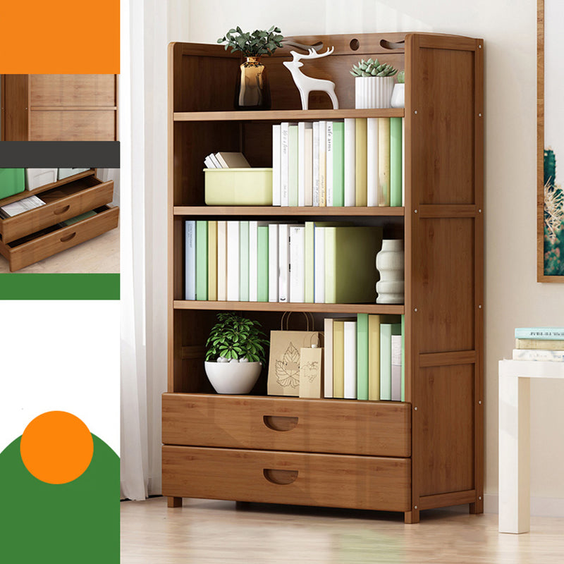 Vertical Contemporary Bamboo Bookcase Open Back Bookshelf for Office 35.4"L x 9.8"W x 55.1"H Brown Drawers Clearhalo 'Bookcases' 'furn' 'furn_bookcases' 'Furniture' 'Office Furniture' 7859943