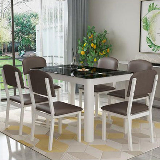 Eigentijdse rechthoek zwarte glazen eettafel met 4 stalen voet