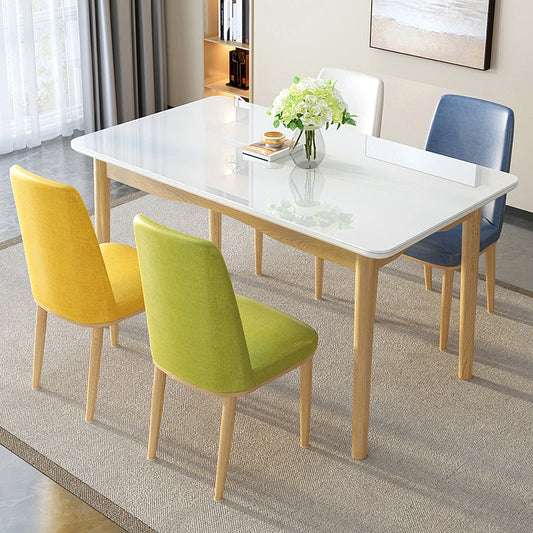 Contemporary Rectangular White Glass Dining Table with Solid Wood Legs Without Chairs