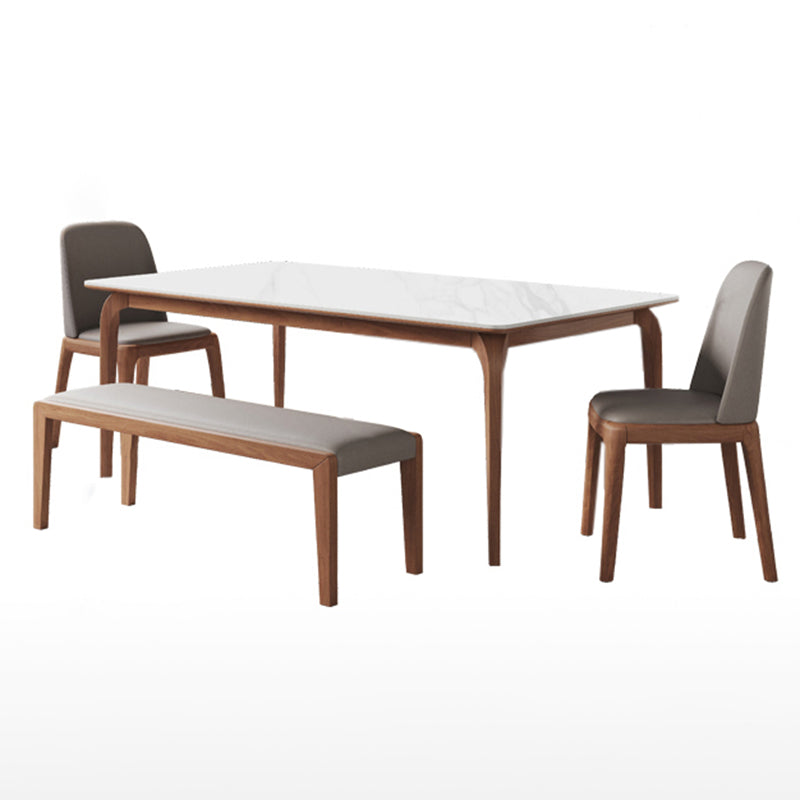 Mesa de comedor de piedra blanca rectangular moderna con 4 patas de nogal