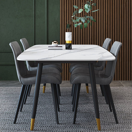 Contemporary Rectangular White Stone Dining Table with 4 Steel Foot Without Chairs