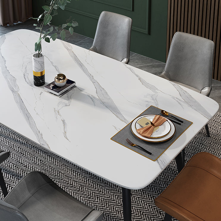 Contemporary Rectangular White Stone Dining Table with 4 Steel Foot