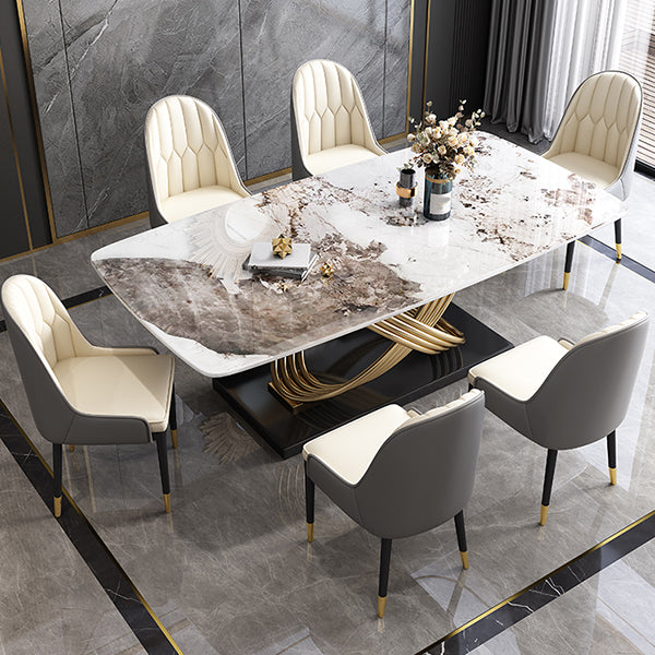 Set da pranzo da 1/5/7 PC con tavolo da dinette in pietra bianca lucida e sedie imbottite