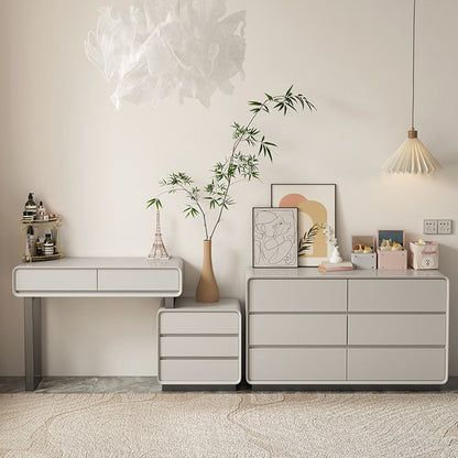 Madera de dormitorio contemporáneo gris con tocador de maquillaje espejo iluminado de cajón