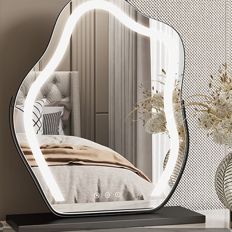 Madera de dormitorio contemporáneo gris con tocador de maquillaje espejo iluminado de cajón
