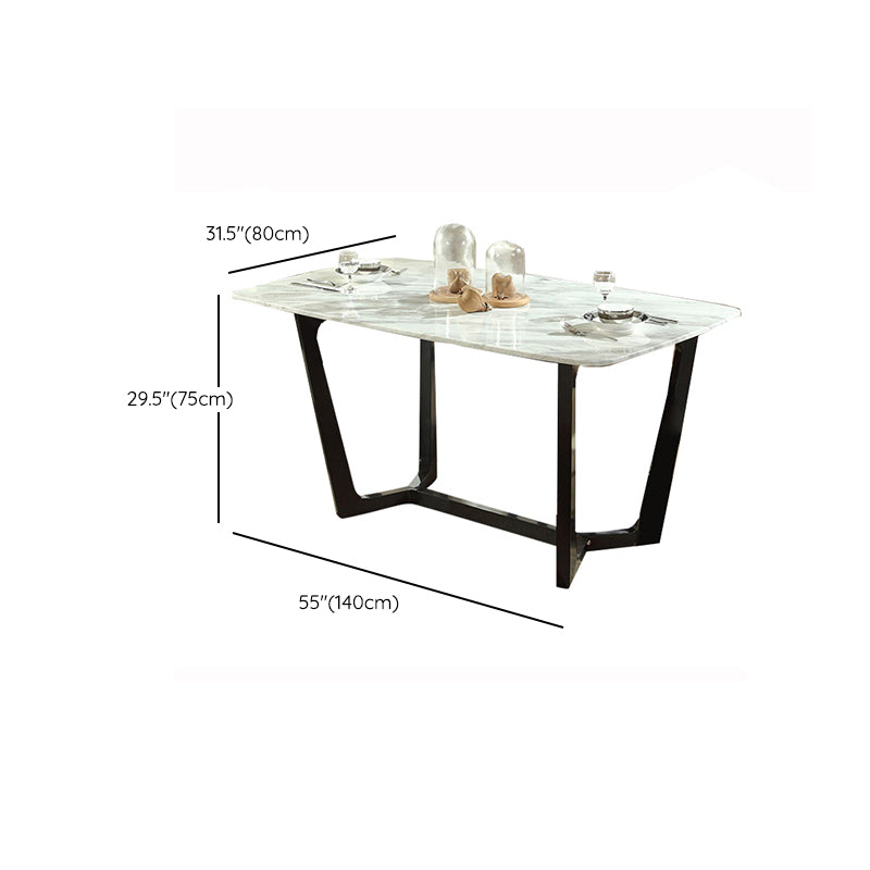 Mesa de comedor blanca de piedra rectangular moderna con base de caballete negro de cenizas
