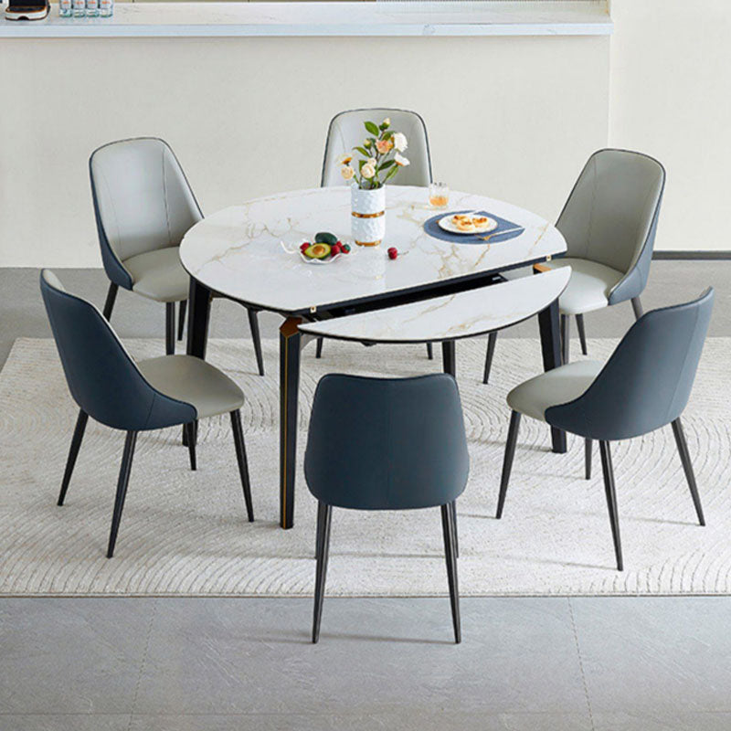White Contemporary Round Stone Dining Table with Double Drop Leaf