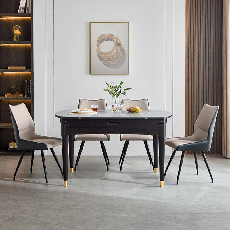 Contemporary Gray Round Stone Dining Table with 4 Wooden Foot