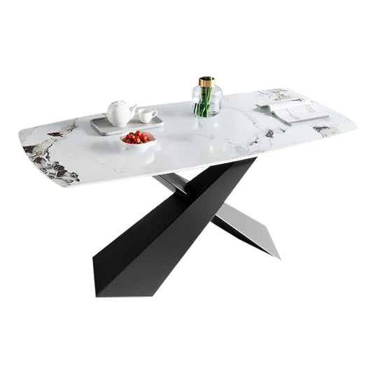 Hedendaagse witte rechthoekige stenen eettafel met stalen X-Base