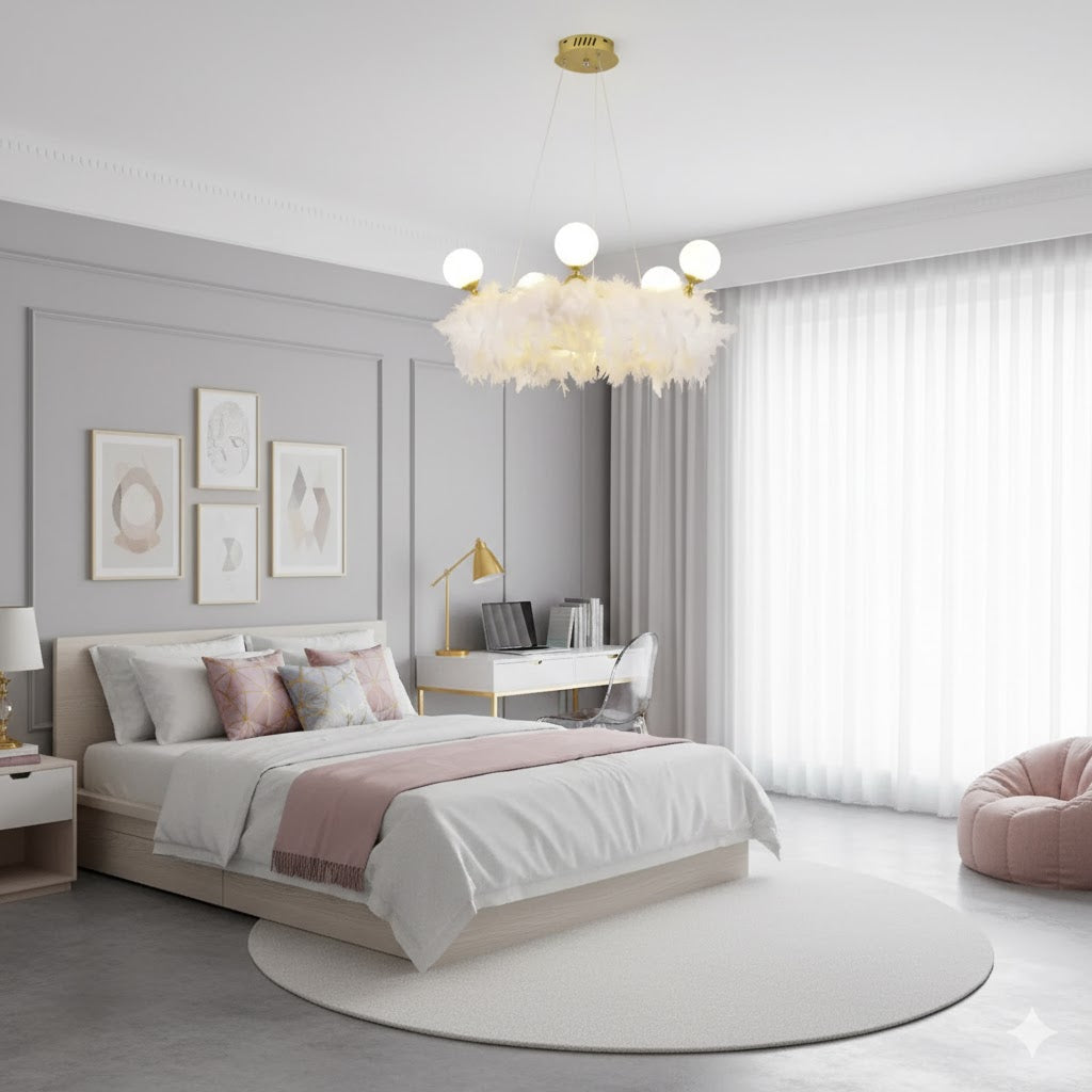 Feather Crown Suspension Lighting Nordic Gold and White Chandelier for Girls Room Clearhalo 'Ceiling Lights' 'Chandeliers' 'Modern Chandeliers' 'Modern' Lighting' IMG-0071
