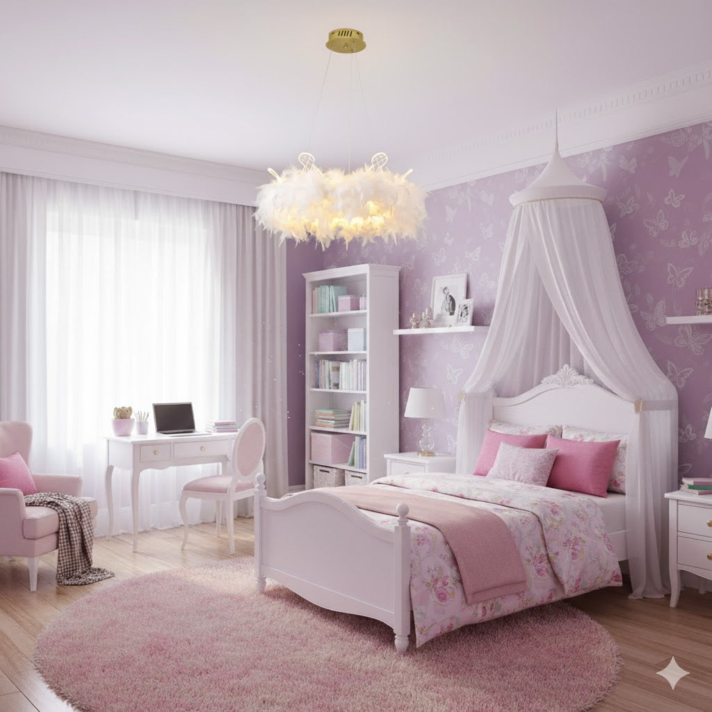 Feather Crown Suspension Lighting Nordic Gold and White Chandelier for Girls Room Clearhalo 'Ceiling Lights' 'Chandeliers' 'Modern Chandeliers' 'Modern' Lighting' IMG-0072