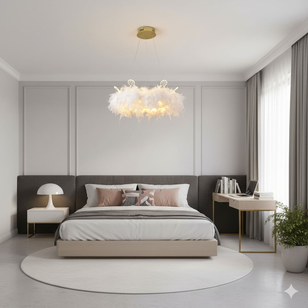 Feather Crown Suspension Lighting Nordic Gold and White Chandelier for Girls Room Clearhalo 'Ceiling Lights' 'Chandeliers' 'Modern Chandeliers' 'Modern' Lighting' IMG-0073