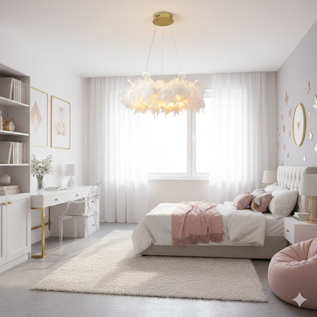 Feather Crown Suspension Lighting Nordic Gold and White Chandelier for Girls Room Clearhalo 'Ceiling Lights' 'Chandeliers' 'Modern Chandeliers' 'Modern' Lighting' IMG-0074