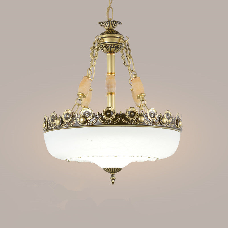 White Glass Bowl Chandelier Pendant Antique 3 Bulbs 12"/16"/19.5" Wide Living Room Ceiling Suspension Lamp in Brass White A Clearhalo 'Ceiling Lights' 'Chandeliers' Lighting' options O1CN012VOAZP26oJoPd3NRO__2200772607708-0-cib_e54f5c6c-96a0-4fdf-b496-ac238130e48d