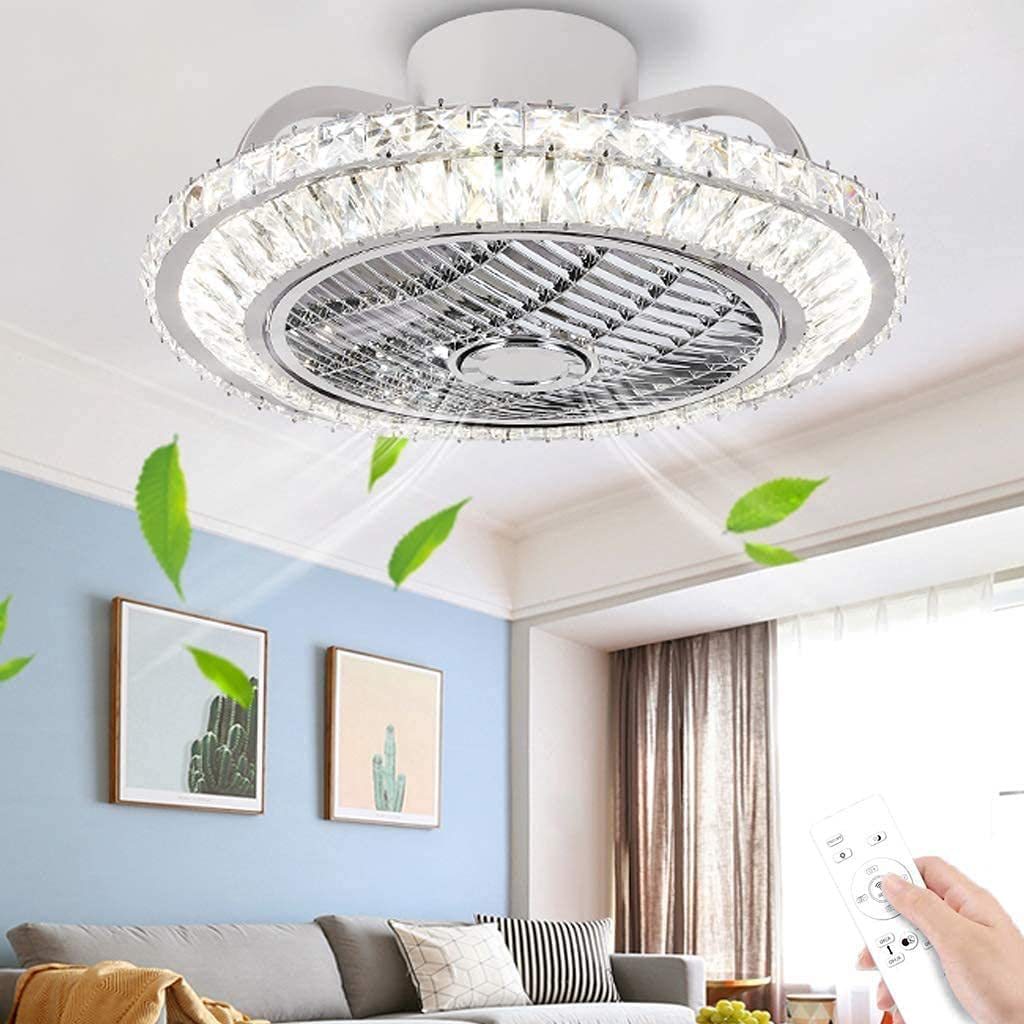 Chrome LED Round Semi Mount Lighting Minimalist Crystal Block Pendant Fan Lamp Fixture, 23.5" Wide Clearhalo 'Ceiling Fans with Lights' 'Ceiling Fans' 'Modern Ceiling Fans' 'Modern' Lighting' O1CN015PLDE61NCcFzTOFfC__2200726021534-0-cib