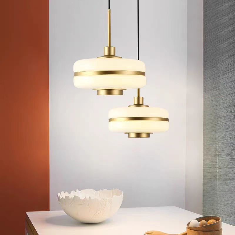 Drum Pendant Light Fixture Postmodern White Glass 1 Light Bedroom Hanging Ceiling Light White Clearhalo 'Ceiling Lights' 'Glass shade' 'Glass' 'Modern Pendants' 'Modern' 'Pendant Lights' 'Pendants' Lighting' O1CN01AOcans1RZIZH4Af6q__2213034072125-0-cib