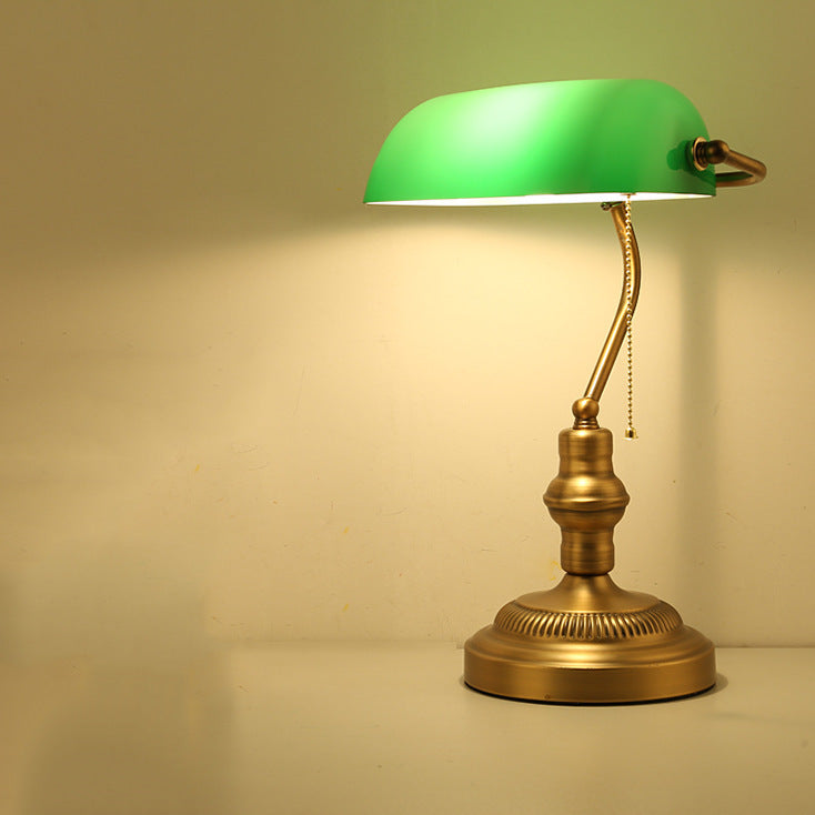 1 Head Green Glass Night Lamp Vintage Antiqued Brass Bending Bedside Table Light with Pull Chain Clearhalo 'Lamps' 'Table Lamps' Lighting' O1CN01EGrbXo23Wy5NP24Ag__2206571677264-0-cib
