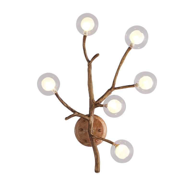 Wooden Brown Wall Mount Light Twig 3/4 Heads Farmhouse Wall Sconce Lighting with Bubble Clear Glass Shade 6.0 Brown Clearhalo 'Industrial wall lights' 'Industrial' 'Middle century wall lights' 'Rustic wall lights' 'Tiffany' 'Wall Lamps & Sconces' 'Wall Lights' Lighting' O1CN01PrBeJI1MHMrkoUTZt__2212846211409-0-cib