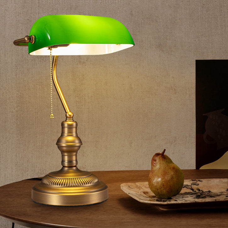 1 Head Green Glass Night Lamp Vintage Antiqued Brass Bending Bedside Table Light with Pull Chain Green Clearhalo 'Lamps' 'Table Lamps' Lighting' O1CN01R29fMR23Wy5O0HdYP__2206571677264-0-cib