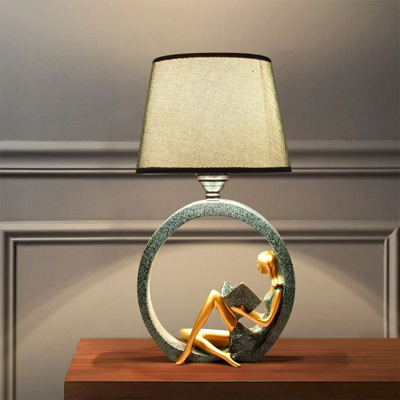 Modern Girl Reading Resin Night Lamp 1-Light Table Stand Lighting with Tapered Fabric Shade in Blue Clearhalo 'Lamps' 'Table Lamps' Lighting' O1CN01U245K41Kw0dy5Iipw__2210061131227-0-cib
