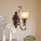 Retro Flared Sconce Light Fixture 1-Light Frosted Glass Wall Mounted Light with Metal Carved Arm in Rust Clearhalo 'Wall Lamps & Sconces' 'Wall Lights' Lighting' O1CN01XBKVm21eKGaQb48lM__2213953193852-0-cib