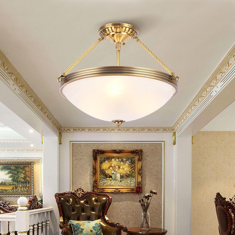 4-Light Opal Glass Hanging Chandelier Traditional Brass Bowl Living Room Pendant Light Fixture, 15"/19" Wide White 19" Clearhalo 'Ceiling Lights' 'Chandeliers' 'Glass shade' 'Glass' Lighting' O1CN01ZJUaXs2Lbh1uC0cmt__2362169711-0-cib