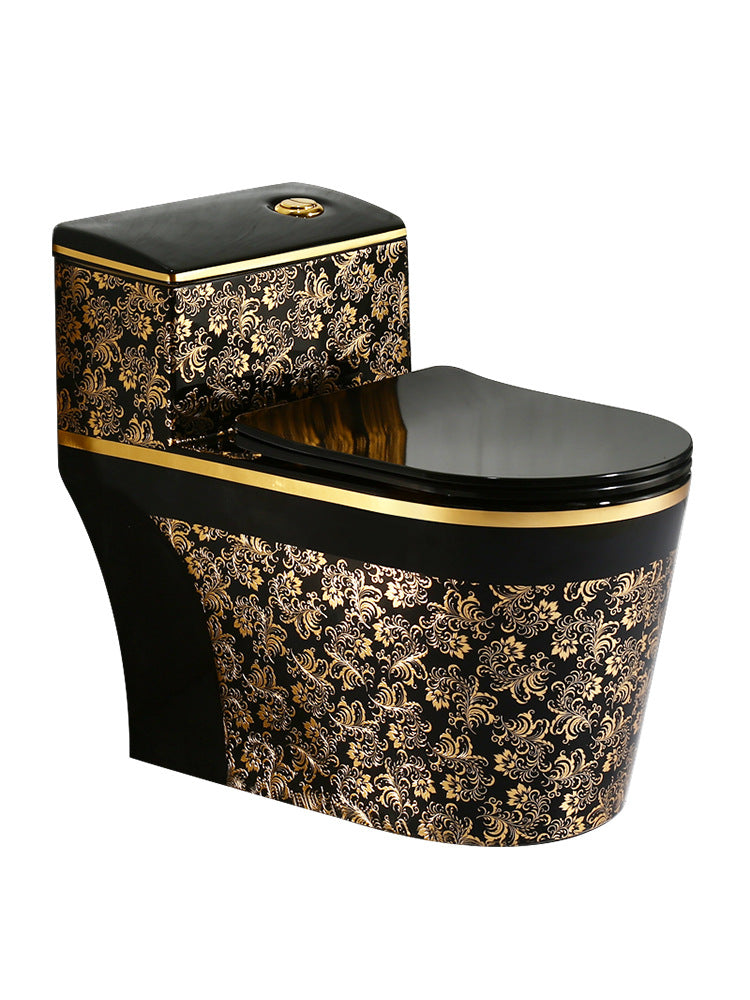 Cuvette de toilette allongée moderne, toilettes à chasse d'eau noires et dorées avec siège pour salle de bain