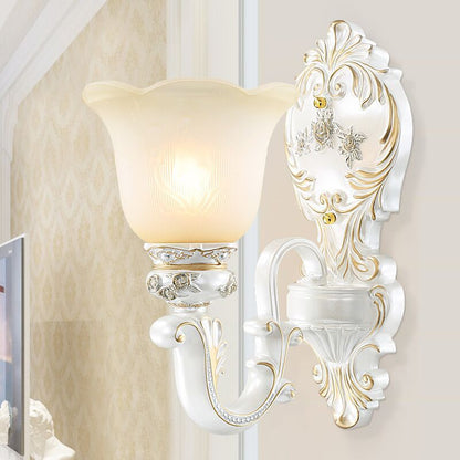 White-Gold Floral Wall Lamp Kit Retro Style Frosted Glass 1/2-Head Living Room Sconce Light 1.0 White-Gold Clearhalo 'Wall Lamps & Sconces' 'Wall Lights' Lighting' O1CN01tv6BqG27bJwr2zzGC__2201242467815-0-cib